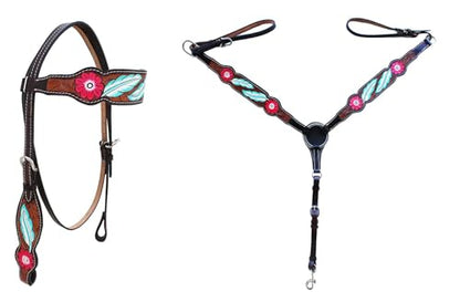 CHALLENGER Horse Western Leather Tooled Headstall Bridle Breast Collar Tack Set 78HRBrowbandSet - color: Blue Feather Brown