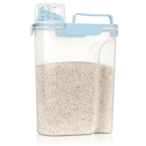 LEAWALK Airtight Rice Storage Container, Cereal Dry Food Flour and Sugar Bin, Dog Cat Food Dispenser with Measuring Cup, BPA Free Clear Plastic Kitchen (Sky blue, 5L-1pack) - color: Sky blue, size: 5L-1pack
