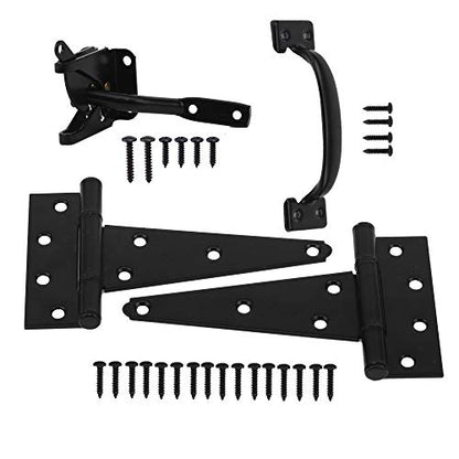 HOME MASTER HARDWARE Wood Gate Hardware Set- Heavy Duty 6" Gate Tee Hinge,Pull Set Gate Hardware Kit with Screws for Outdoor Fence Swing Gate Black Finish | 2 Pack T Strap Hinges, Self Locking Gate Latch, Pull Door Handle, Included Screws, Black, HOME MAS