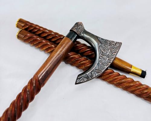 Handmade Solid Brass Head Handle Vintage Style Antique Wooden Walking Stick Cane Gift (3 Fold Wooden Walking Cane) - style: Axe Walking Handle Stand