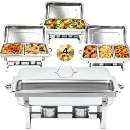 9QT Chafing Dishes for Buffet 4 Pack with 7 Multi-Size Food Pans Silver - color: Silver-001