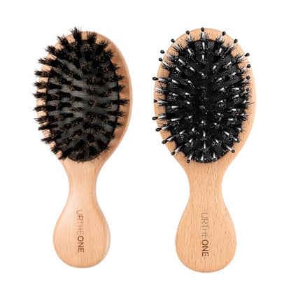 URTHEONE 2Pcs Mini Boar Bristle Hair Brush Set, Pocket Travel Brush - color: boar black