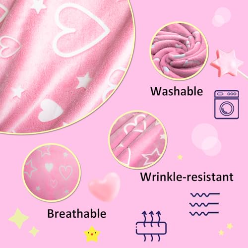 Glow in The Dark Pink Cute Love Throw Blanket with Storage Bag, Soft Throw Blankets, Gifts for Children Ages 1-10, Girls Kids Blanket, Day Care Home Office Travel Use, Pink - color: Pink Love