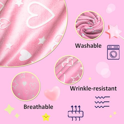 Glow in The Dark Pink Cute Love Throw Blanket with Storage Bag, Soft Throw Blankets, Gifts for Children Ages 1-10, Girls Kids Blanket, Day Care Home Office Travel Use, Pink - color: Pink Love