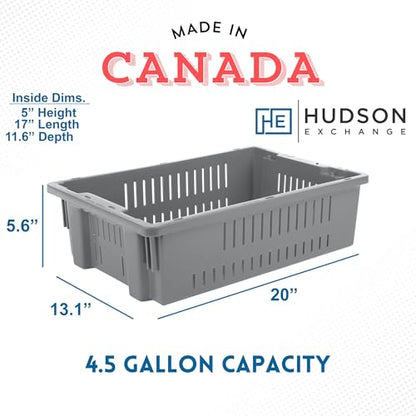Hudson Exchange 20 x 13 x 5.6" (4 Pack, 4.5 Gallon) Agricultural Nest and Stack Vented Crate Handled Storage Container Tote, Gray - color: Gray