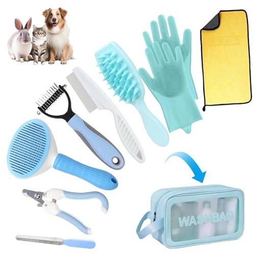 Aglads 8PCS Cat Rabbit Bunny Dog Grooming Kit,Self-Cleaning Brush,Nail Clipper,Grooming Glove,Massage Brush,Flea Comb,Towel&Travel Bag,Complete Grooming Tools for Long&Short Haired Pets(8, blue) - color: BLue