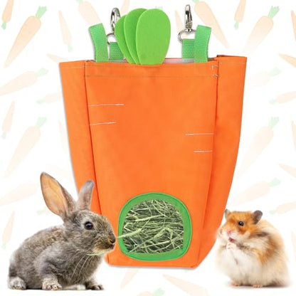 Estivaux Rabbit Hay Feeder Bag Carrots Guinea Pig Hanging Hay Feeding Bag with Hole Pet Storage Dispenser for Chinchilla Hamster Bunny Small Pet Animals - color: Carrots