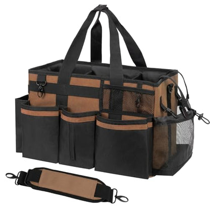 SCAVATA Wearable Cleaning Caddy, Cleaning Caddy Supplies Organizer with Handle & Shoulder Straps for Housekeepers, Under Sink & Car Cleaning Tool Organizers Bag with 4 Foldable Divider (Brown) - color: Brown