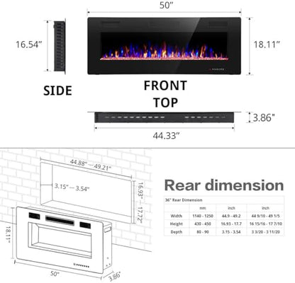 R.W.FLAME Electric Fireplace 50 inch Recessed and Wall Mounted,The Thinnest FireplaceLow Noise, Fit for 2 x 6 Stud, Remote Control with Timer,Touch Screen,Adjustable Flame Colors and Speed - size: 50"