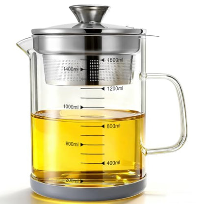 Jucoan Glass Bacon Grease Container with Strainer for Kitchen, 50 oz /1.5L High Borosilicate Glass Greek Yogurt Strainer, MultiFunctional Almond Soy Milk Nut Milk Juice Strainer Filter Pitcher