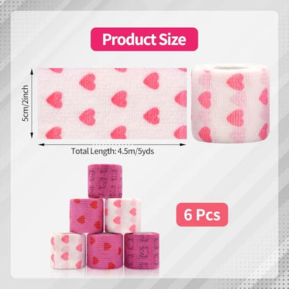 6 Roll 2 Inch x 5 Yards Heart and Cat Print Pet Vet Wrap for Dogs Cats, Cohesive Bandages in Bulk, Pink Non-Woven Self Adhesive Bandages Wrap Roll for Pet Animals Wound Care, Ankle Sprain and Swelling