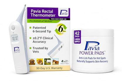Pavia Pet Health Bundle | Veterinary Thermometer (6-Second Accurate Readings) + Power Pads Anti-Lick Wound Care | for Dogs, Cats & Horses | Essential Care Kit