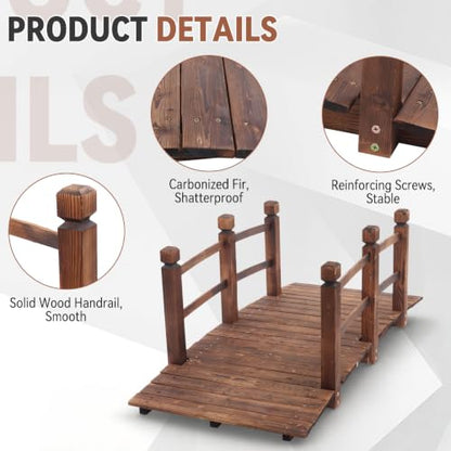 Outvita 5FT Stained Wooden Garden Footbridge with Safety Railings - size: 5ft-carbonated