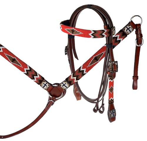Pony Leather Headstall and Breast Collar Set Color Beaded with Gold & Black Beaded Overlay and Cross
