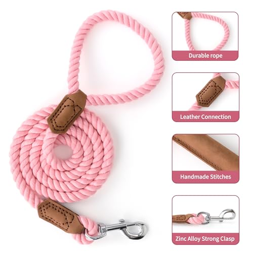 Mile High Life Dog Leash Braided Cotton Rope with Leather-Reinforced Ends - color: Pink, size: 72 Inch-1/2"