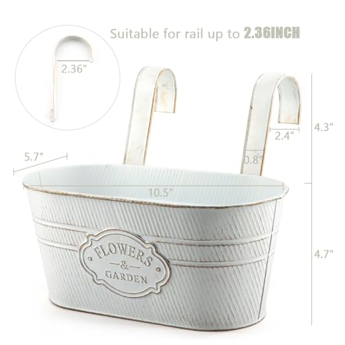 3 Pack Metal Railing Planters, 10.5" Oval Hanging Flower Pots with Detachable Hooks & Drainage Holes, Fits Rails up to 2.36", Galvanized Iron Fence Bucket for Balcony Garden Patio - Letter White - color: Letter White, size: 3 Pack, 10.5"L x 5.7"W x 4.7"H