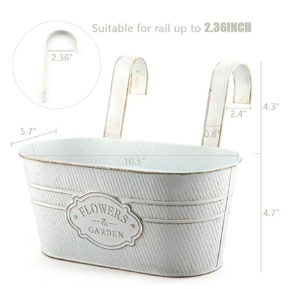 3 Pack Metal Railing Planters, 10.5" Oval Hanging Flower Pots with Detachable Hooks & Drainage Holes, Fits Rails up to 2.36", Galvanized Iron Fence Bucket for Balcony Garden Patio - Letter White - color: Letter White, size: 3 Pack, 10.5"L x 5.7"W x 4.7"H