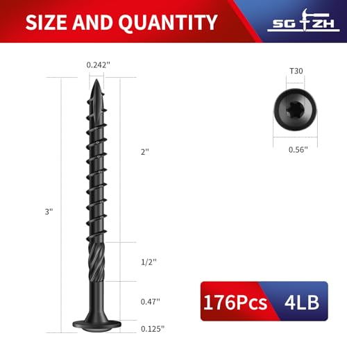 #14 x 3 Inch Lag Screws (176Pcs) 4lb. Structural Wood Screw, Black, Carbon Steel, Washer Head, Rust Resistant epoxy Coated, T30 Star Bit - color: Black, size: #14 x 3"