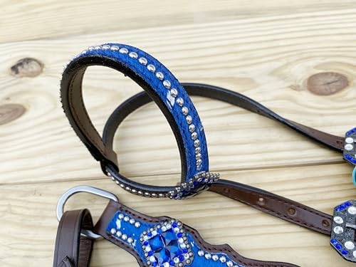 Western Leather Headstall & Breast Collar Set for Horses - Valentine’s Day Silver Metallic Cowhide with Rhinestones - color: Royal Blue