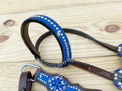 Western Leather Headstall & Breast Collar Set for Horses - Valentine’s Day Silver Metallic Cowhide with Rhinestones - color: Royal Blue