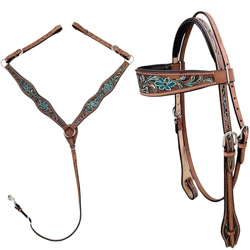 Majestic Ally Tooled Leather Western Headstall & Breast Collar Set – Handcrafted Leather, Classic Western Tack, Multiple Styles & Designs - style: 1008-TRQ