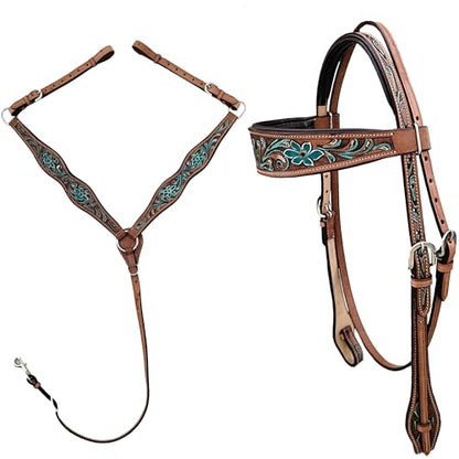 Majestic Ally Tooled Leather Western Headstall & Breast Collar Set – Handcrafted Leather, Classic Western Tack, Multiple Styles & Designs - style: 1008-TRQ
