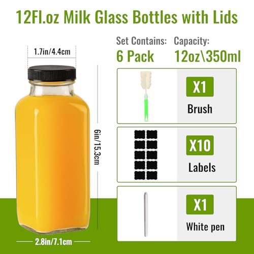 Glass Juice Bottles with Lids 12 oz, Reusable Glass Bottles 6 pcs, Square Juice Jars, Drink Containers with Caps for Smoothies, Kombucha, Beverages - size: 12 Ounces