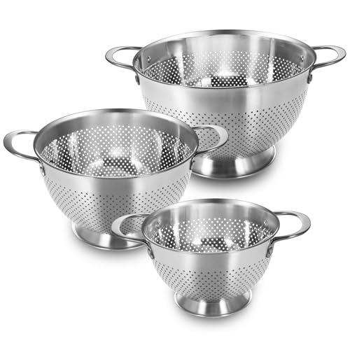Stainless Steel Colander Set of 3 (1.5-3-5Quart) | Durable Rice and Pasta Strainer with Handle | Oversized Handles | Nesting Design | Rust-Resistant & Dishwasher Safe - size: 1.5/3/5 QT