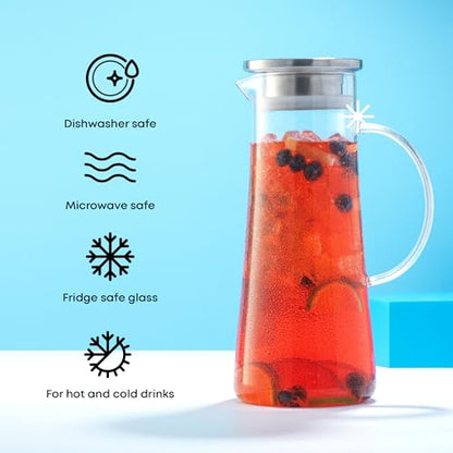 JoyJolt Glass Pitcher with Lid - 50oz Borosilicate Water Carafe, Jug with Stainless Steel Lid for Iced Tea, Lemonade, Juice, Mixed Drinks - size: 50 Ounces