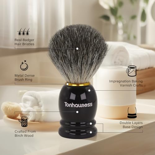 5 In 1 Manual Shaving Kit For Men Includes Badger Hair Shaving Brushes Set, Double Edge Safety Razor, Stainless Steel Shaving Bowl&Stand and Goat Milk Shaving Soap - color: Black Handle