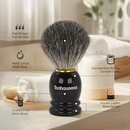 5 In 1 Manual Shaving Kit For Men Includes Badger Hair Shaving Brushes Set, Double Edge Safety Razor, Stainless Steel Shaving Bowl&Stand and Goat Milk Shaving Soap - color: Black Handle