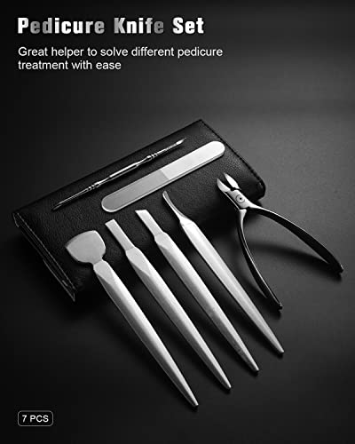 FERYES Pedicure Knife Ingrown Toenail Kit, 7 PCS Professional Pedicure Tool Toenail Grooming Kit, Top Notch Foot Blade, Super Sharp Toenail Clippers (Leather case included) - size: 7PCS