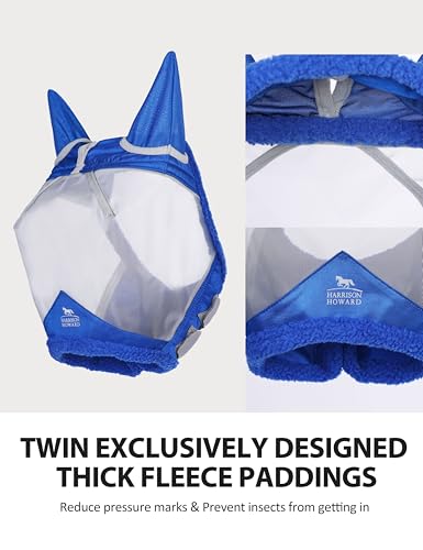 Harrison Howard CareMaster Horse Fly Mask UV Protective Fine Mesh with Extra Wool Soft Touch on Skin Champion Blue-Silver M - color: Champion Blue-Silver, size: Cob (Medium)