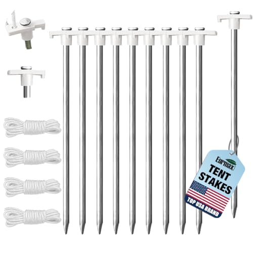 Eurmax USA 10-Pack Secure Protection Galvanized Tent Stakes,Rust-Proof Steel Canopy Anchors for High Winds,Heavy Duty Commercial Ground Pegs for Camping,Pop Up Tents&Gazebos - Includes 4x10ft Ropes - color: White, style: Stakes 10-pack