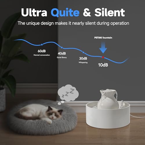 PETIMI Ceramic Cat Water Fountain, 3L/101 fl oz Ultra-Quiet Pet Water Fountain, Automatic Water Dispenser for Cats & Small Dogs, No Spill Cat Water Bowl, BPA-Free, 2 Filters Included, Easy to Clean