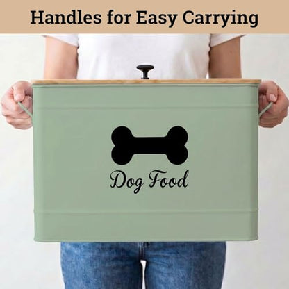 Metal Dog Food Container 15-20 lbs w/ Airtight Bamboo Lid, 70 Cup Capacity - color: Sage Green