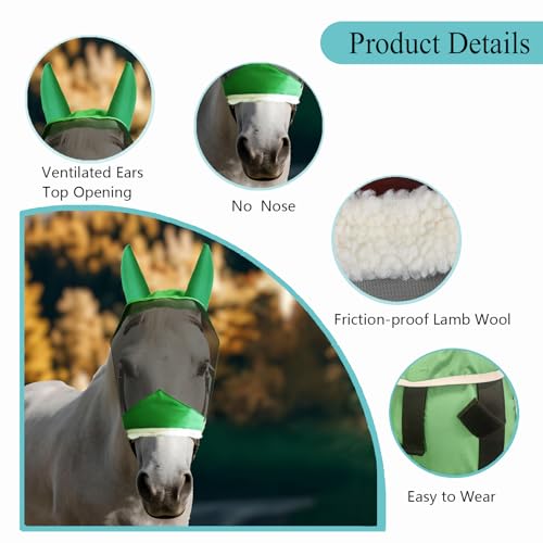 Fly Masks for Horses with Ears and NO Nose Cover - Comfortable Horse Fly mask with Ears for UV Protection & Sun Shield – Soft Lightweight- Breathable Horse mask (Green, (Full) Large)NO nose - style: No nose