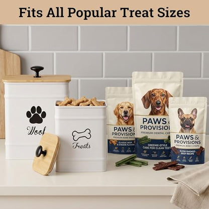 Dog Treat Container Set of 2 with Airtight Bamboo Lids - 8x6 & 7x5 inch | Fits All Popular Treats, Up to 20 Cups Combined Capacity, Airtight Bamboo Lid, Easy Open Lid, Dent-Resistant Durable Metal - color: White - Large