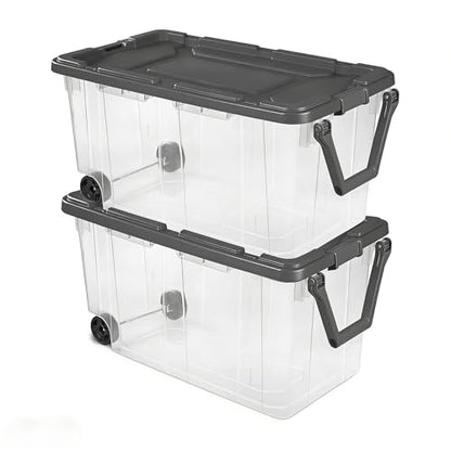 160 Quart Wheeled Stacker, Extra Large Durable Clear Bin, Latch Lid and Pull Handle, Gray, 2 Count