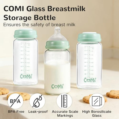 COMI Wide Neck Glass Breastmilk Collection n Storage Bottle, 2 Packs,10oz with Screw Ring Sealing Disk,Re-markable Sealing Disc,BPA Free,Fits Breast Pumps&Nipples(2 Green Lids) - style: 300ml 2Green