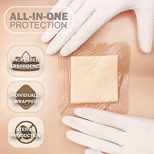 EVERLIT Care Silicone Foam Dressing with Adhesive Border | Highly Absorbent Hypoallergenic Bandages for Chronic Wounds, Bed Sores, Pressure Ulcers | Gentle & Secure Adhesion (6" x 6" | 5 Pack) - size: 6" x 6" | 5 Pack