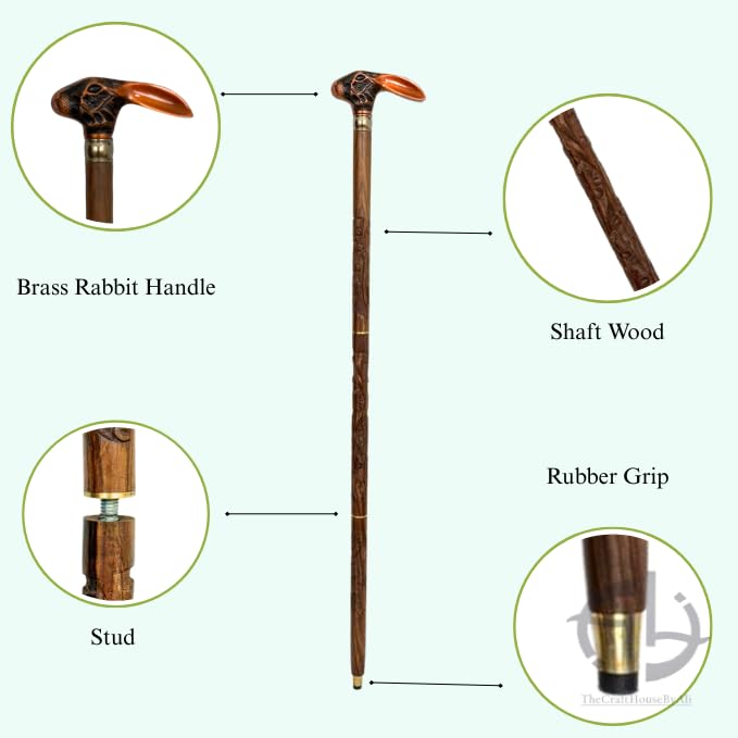 36" Rabbit Copper Finish Brass Handle Foldable Wooden Walking Stick Cane – Ideal Vintage Gift for Men and Women, Stylish and Functional
