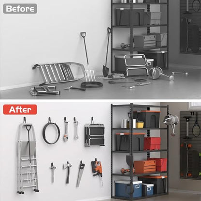 WALMANN Garage Storage Hooks, Wall Mount Utility Hooks for Tools, Black | Wall hooks for Ladders, Cords, Folding Chairs, Shovels and Rakes, Shelving Hooks for Keyhole Shelving Units - style: Black Hook