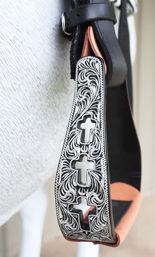 CHALLENGER Western Show Horse Saddle Stirrups Aluminum Leather Tread Cross Engraved 5145v - color: Black with genuine Leather Tread