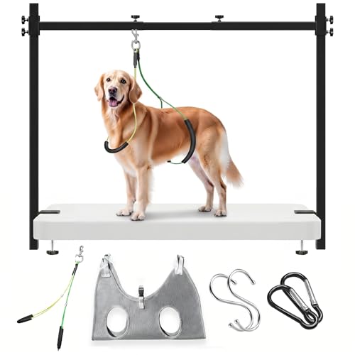 H Shape Dog Grooming Arm for Table, L Size Hammock, 42" H, 31-43" W | Heavy Duty, Adjustable Grooming Stand, Clamp Fits up to 2.76", with Hammock & 2 Nooses for Home Grooming & Nail Trimming - size: L Hammock (Leg Spacing: 5.9–14″)