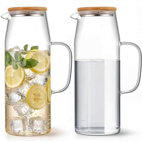 Hsei 2 Sets Glass Pitcher with Lid, 67.6 oz / 2000 ml Water Carafe with Handles Hot Cold Beverage Water Jar Glass Jug for Tea Juice Milk Coffee Iced Beverage(2l) - color: Bamboo Lid, size: 2l