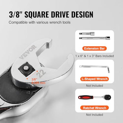 VEVOR Crowfoot Wrench Set, 3/8" Drive 24-Piece Crows Foot Wrench Set with 2 Extension Bars and EVA Tool Organizer, SAE 3/8"-1" and Metric 10-22 mm, CRMO Steel and Mirror Chrome Finish - size: 3/8" 24 PCS