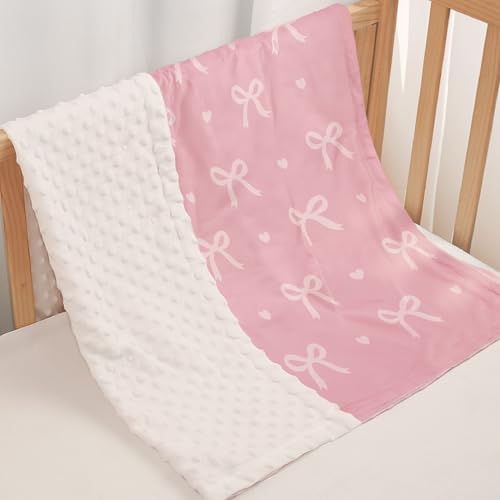 Bow Minky Baby Blanket 30 x 40 Inches for Girls, Soft Plush Receiving Blanket with Dotted Back, Gift for Toddler Newborn Infant Christmas Birthday Baby Shower - color: Bow 3