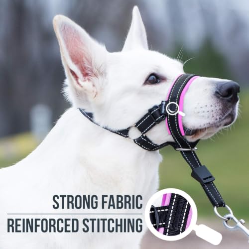 GoodBoy Dog Head Halter with Safety Strap - Stops Heavy Pulling On The Leash - Padded Headcollar for Small Medium and Large Dog Sizes - Head Collar Training Guide Included (Size 1, Pink) - color: Black Nylon / Pink Padding, size: Size 1