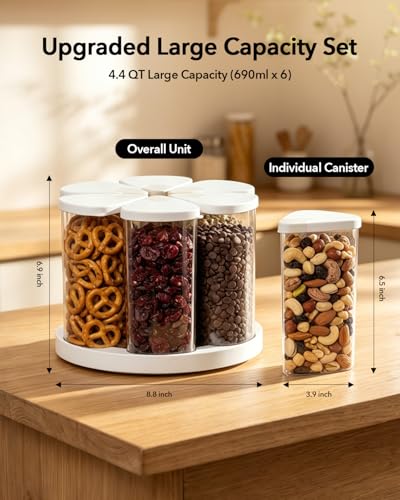 Ankou Rotating Food Storage Containers Set of 6, 23oz (690ml) Clear PET Jars with Dual Pour Lids, 360° Lazy Susan Pantry Organizer for Snacks, Cereal, Nuts, Oats & Dry Foods, Kitchen Grain Dispenser - color: 690ML*6